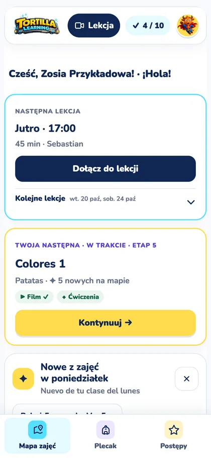 Ekran startowy na telefonie: najbliższa lekcja i kolejne zadanie